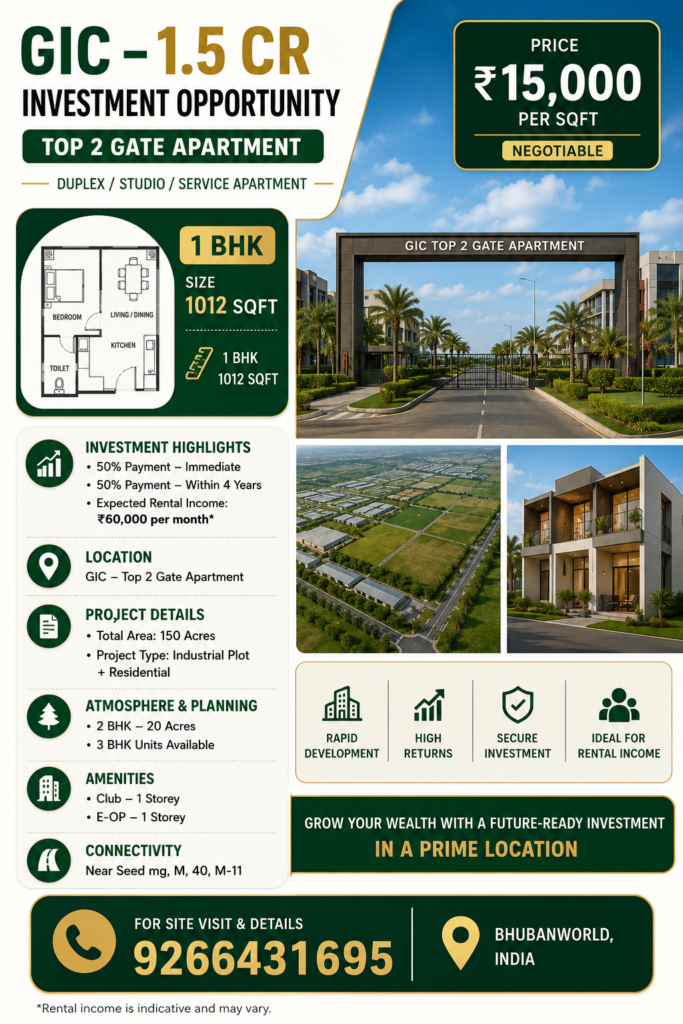 Invest in GIC Top 2 Gate Apartments with 1 BHK (1012 sqft) at ₹15,000/sqft. Enjoy ₹60,000/month rental potential, flexible payment plan & prime location. Call 9266431695.